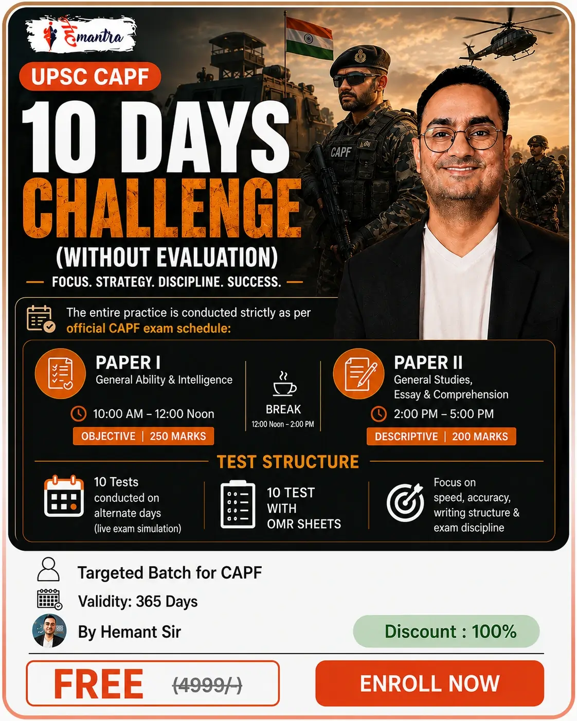 Free UPSC CAPF 10 Days Challenge without evaluation by Hemant Sir featuring 10 full-length mock tests with OMR sheets for Paper 1 and Paper 2 exam practice.