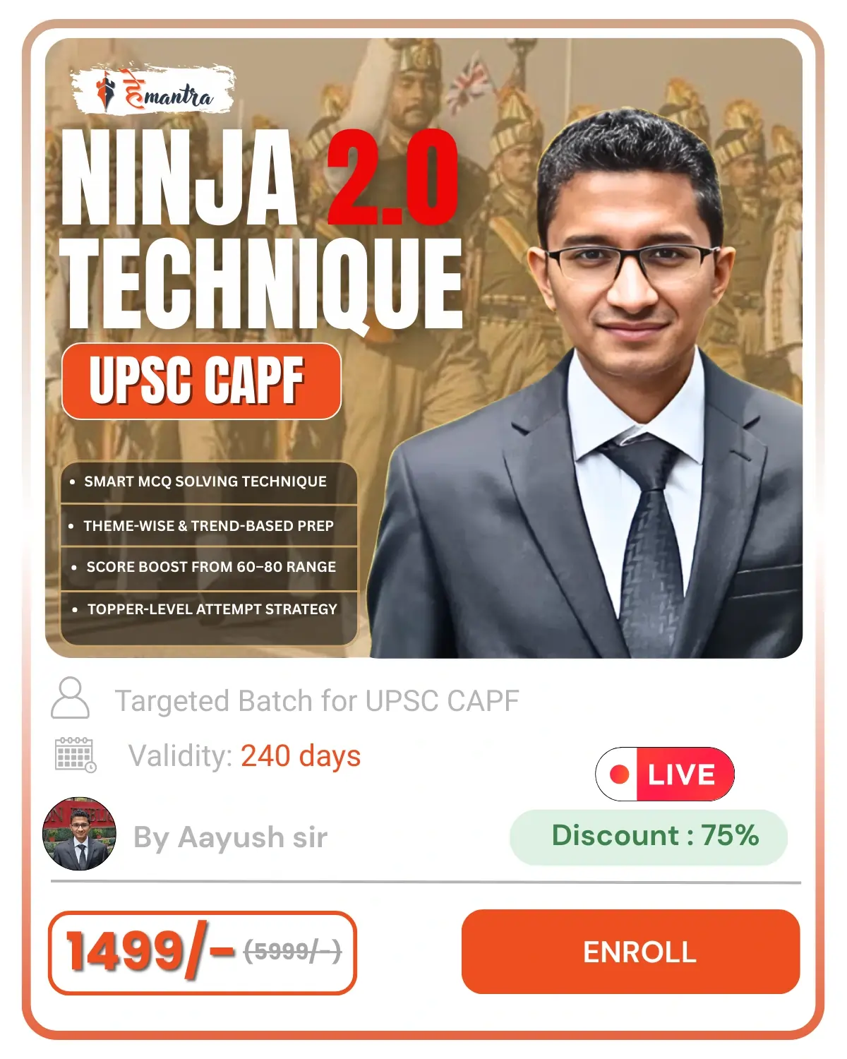 Ninja 2.0 Technique for UPSC CAPF by Aayush Sir featuring smart MCQ solving techniques, topper attempt strategies, and theme-wise preparation for Paper 1.