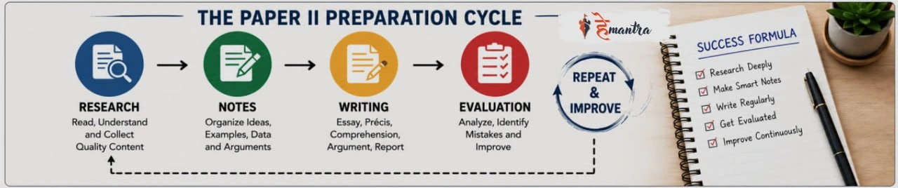 CAPF Paper II preparation cycle showing research, notes, writing, evaluation and continuous improvement