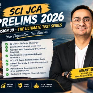 SCI JCA Prelims 2026 30-Day Ultimate Test Series cover featuring Hemant Sir by HeMantra
